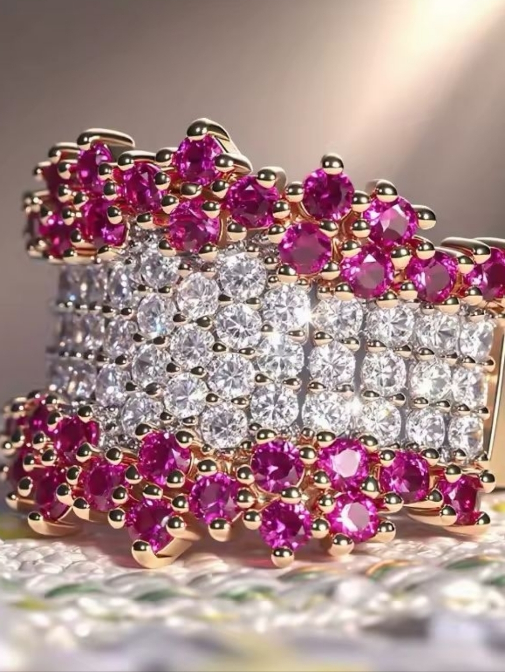 Ultra Luxury elegant Gold Band Ring with Pink Stones and White Accents - Picture 2 of 5